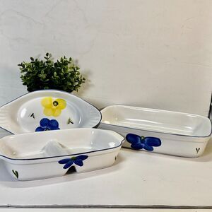 Hand Painted Portuguese Bakeware Floral Blue Yellow Divided Baker Oven To Table